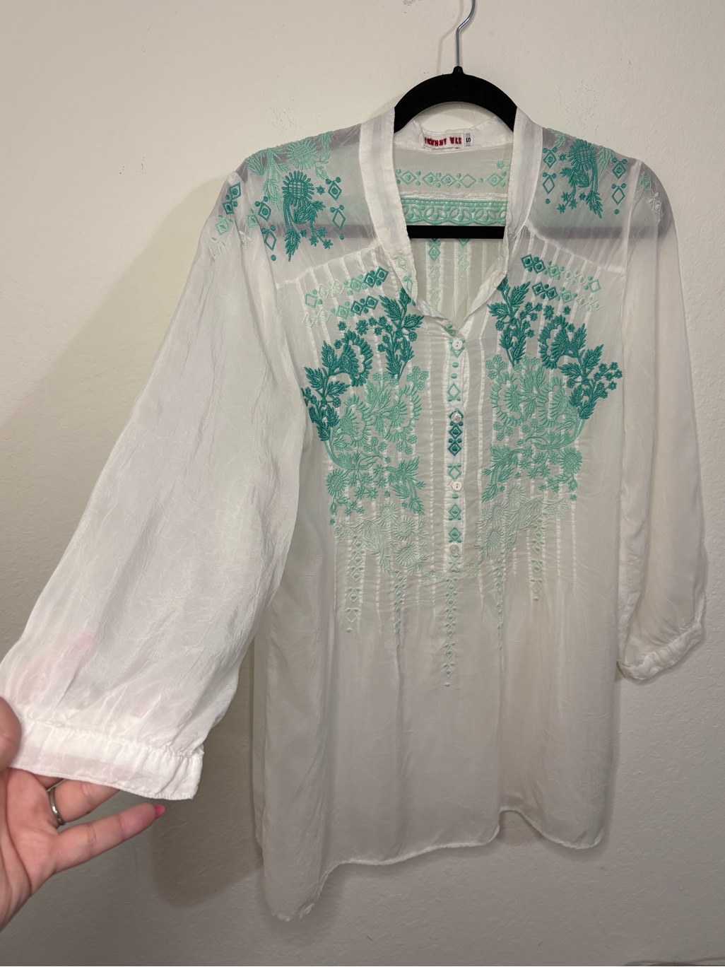 Johnny Was Embroidered Rayon Tunic Top Teal Boho Floral Embroidery Size Small